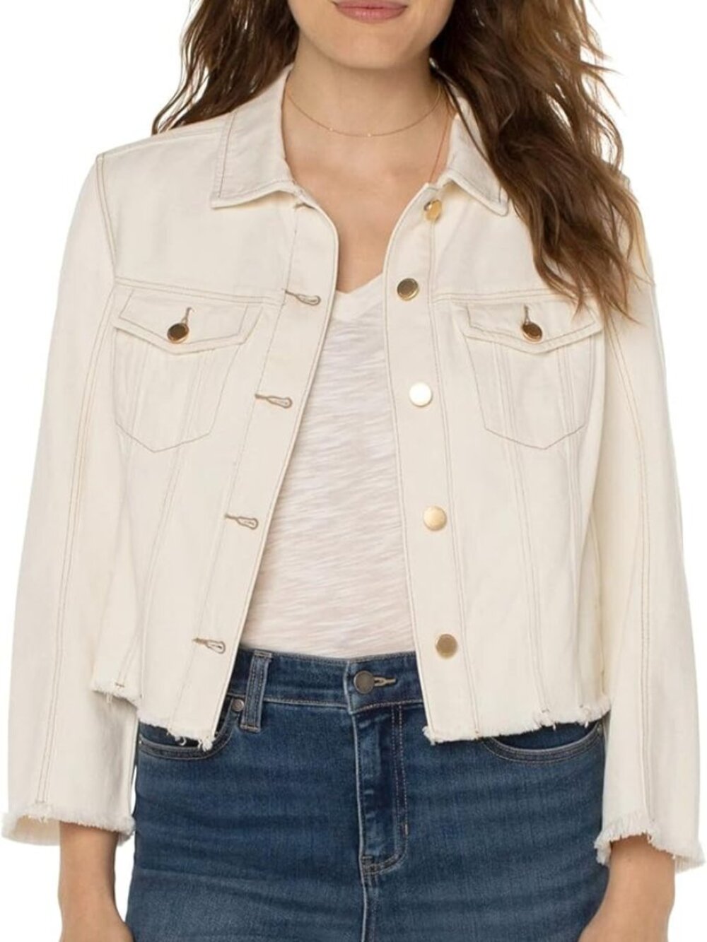Liverpool Los Angeles Cream Denim Trucker Jacket  Size M  Fray Hem